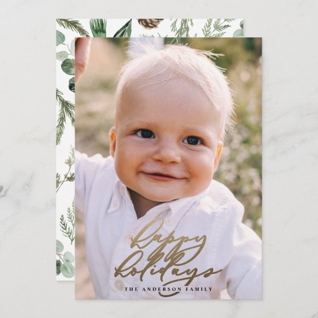 Cartão De Festividades Escrita elegante de Natal com fotografia mínima mo (Frente/Verso)