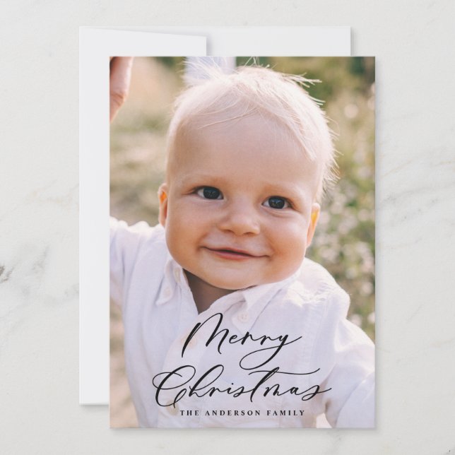 Cartão De Festividades Escrita elegante de Natal com fotografia mínima mo (Frente)