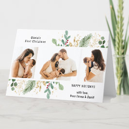 Cartão De Festividades Escrita Moderna Dourada Greenery Bebê Primeiro Nat