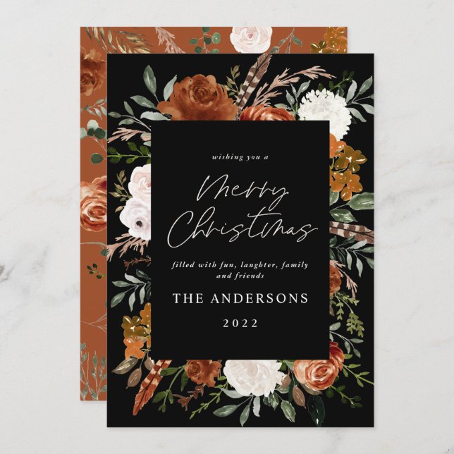 Cartão De Festividades Escrito botânico e elegante preto terracotta flora (Frente/Verso)