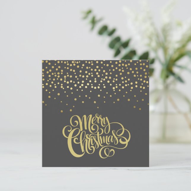 Cartão De Festividades Escrito Dourado Elegante e Natal Preto Confetti (Em pé/Frente)