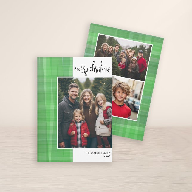Cartão De Festividades Escrito fotográfico Merry Christmas Modern Off Cen (3 Photo Christmas Card with Plaid Watercolor Pattern - Print and Download Option)