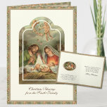 Cartão De Festividades Escritura de Natal Religiosa Versa<br><div class="desc">Apresentando uma bela imagem vintage da Natividade com a Virgem Maria,  Ruas,  José e BabyJesus com anjos por cima. Dentro é a mesma imagem com um verso das Escrituras de Natal. Todos os textos e fontes podem ser modificados.</div>