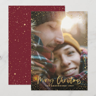Cartão De Festividades Escritura Dourada estrelas de Natal 1 foto-burgund