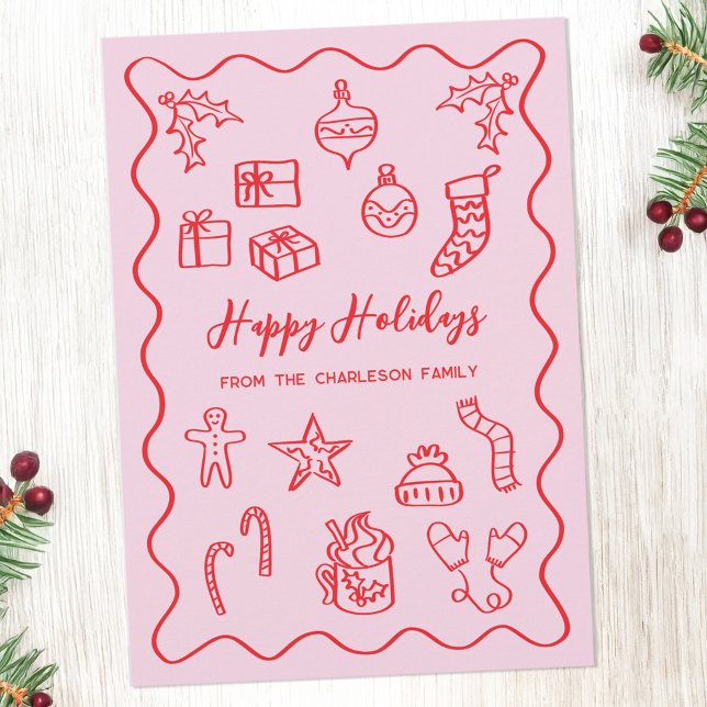 Cartão De Festividades Escrivação moderna Ilustração de Doodle Rosa e Ver (Fun hand drawn scribble doodle Christmas holiday card in pink & red to personalize with custom text.)