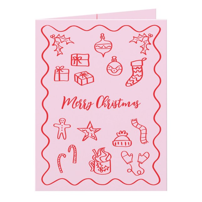 Cartão De Festividades Escrivação moderna Ilustração de Doodle Rosa e Ver (Fun hand drawn scribble doodle pink and red personalized custom text Christmas holiday card)