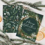 Cartão De Festividades Escuridão foliar mínima moderna no Natal<br><div class="desc">Escrito de coroa foliar mínimo moderno Cartão de Natal Feliz. O eucalipto pintado à mão,  o ramo do pinheiro,  a folhagem mínima e a coroa rattan moderna dão a este cartão de feriado uma sensação luxuosa. Em verduras clássicas,  castanhos,  cinzentos e azuis empoeirados.</div>