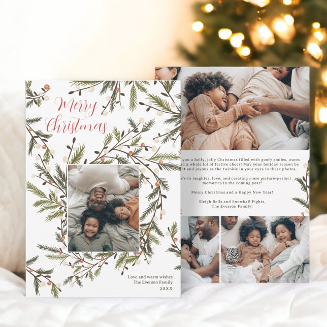 Cartão De Festividades Escuridão moderna da família de Natal verde 4 foto (Modern wreath green Christmas family 5 photos Holiday Card)