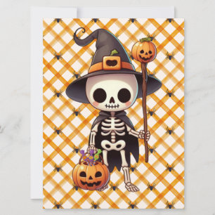 Cartão De Festividades Esqueleto de Halloween fofo e caprichoso