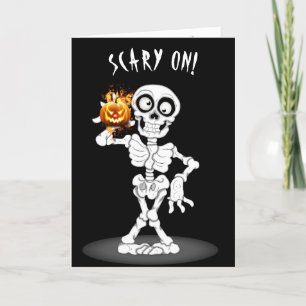 Cartão De Festividades Esqueleto de Halloween segurando uma Jack-o-lanter