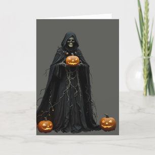 Cartão De Festividades Esqueleto de Halloween Vestindo Capa Preta com Cap