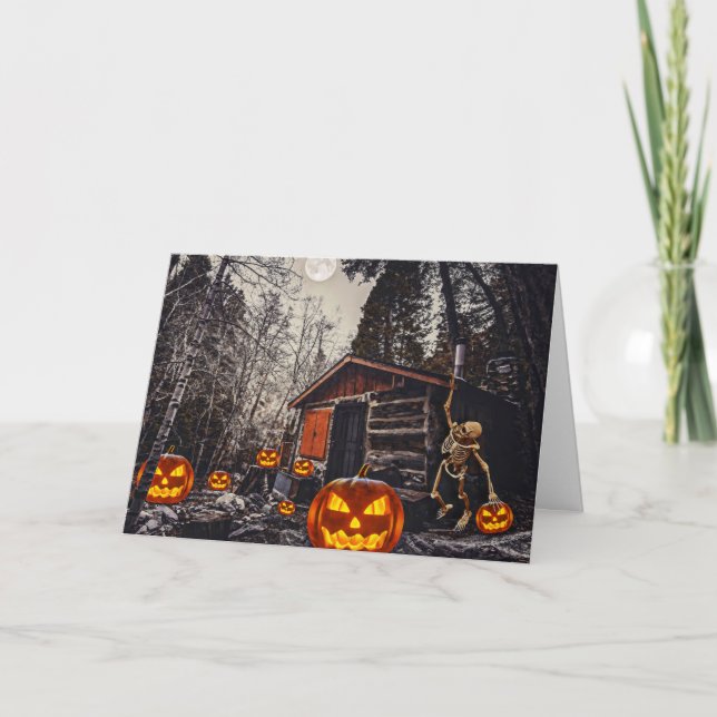 Cartão De Festividades Esqueleto e abóboras Feliz Halloween (Frente)