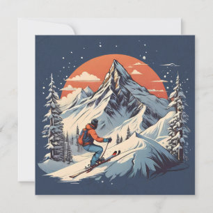 Cartão De Festividades Esqui de pinheiro de montanha vintage "pôr do sol