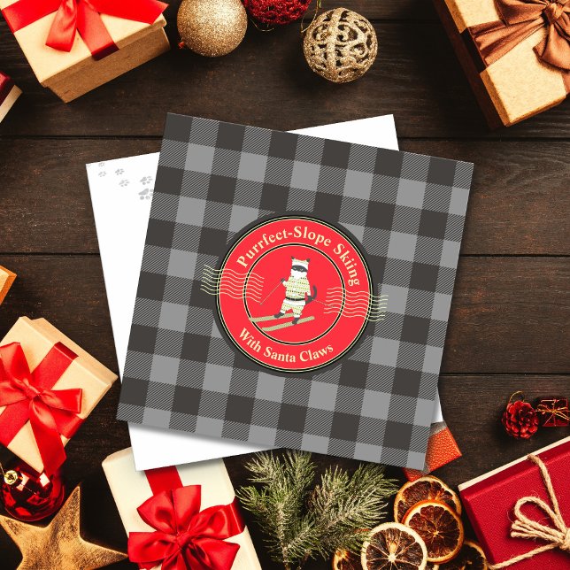 Cartão De Festividades Esqui na Encosta Perfeita com o Papai Noel Garra  (Purrfect-Slope Skiing with Santa Claws Holiday Card)