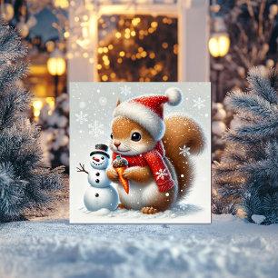 Cartão De Festividades Esquilo Aconchegante com Boneco de Neve e Chapéu d