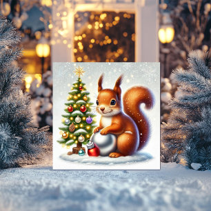 Cartão De Festividades Esquilo Charmoso com Árvore de Natal e Enfeites