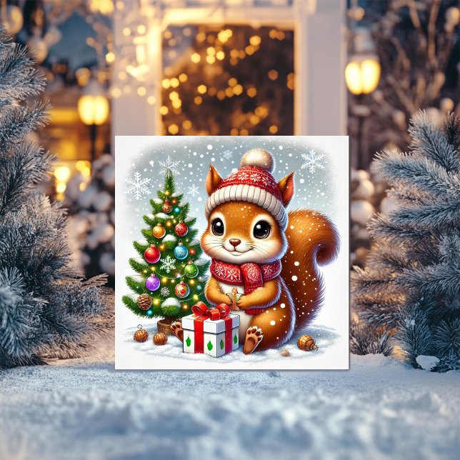 Cartão De Festividades Esquilo com árvore de Natal e presente (Criador carregado)