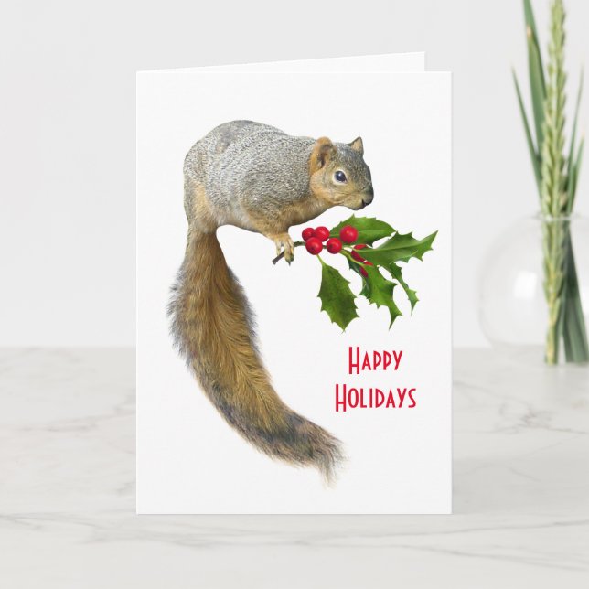 Cartão De Festividades Esquilo com Holly Holiday Card (Frente)