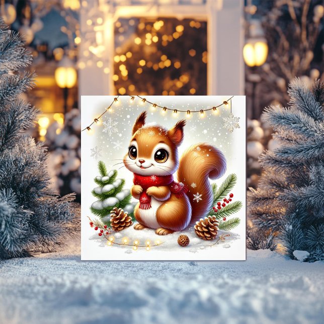 Cartão De Festividades Esquilo doce com Pinecones e Luzes de Fada (Criador carregado)