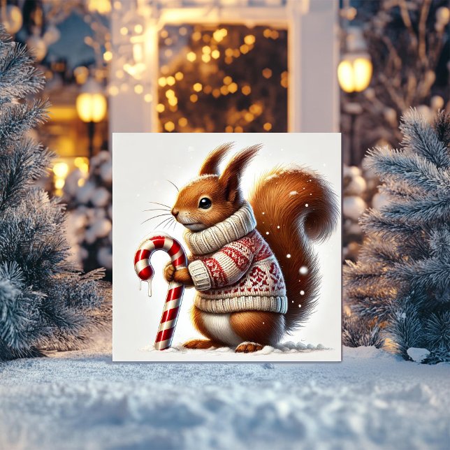 Cartão De Festividades Esquilo Festivo com Suéter de Tricô e Doce (Criador carregado)