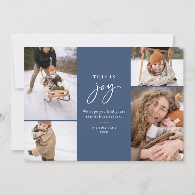 Cartão De Festividades Esta é Joy Blue Minimalist Multi-Photo (Frente)