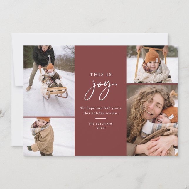 Cartão De Festividades Esta é Joy Red Minimalist Multi-Photo (Frente)