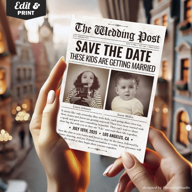 Cartão De Festividades Estas Crianças Estão Casando Com O Jornal De Casam (These Kids Are Getting Married Wedding Newspaper Holiday Card)