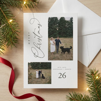 Cartão De Festividades Estilo Moderno Script Verde Foto de Família Natal