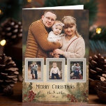 Cartão De Festividades Estilo Rustic Vintage Floral de Natal com Quatro F<br><div class="desc">Placa de cartões de natal de inspiração venenosa russa e nostálgica com grande modelo fotográfico com três pequenas fotos de inserção em quadros antigos de snapshot em um fundo angustiado com holly e evergreens em tons de sépia quente.</div>
