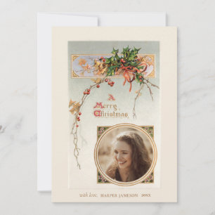 Cartão De Festividades Estilo Vintage Elegante Azevinho e Foto