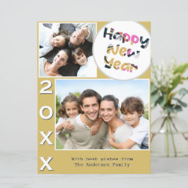 Cartão De Festividades Estiloso 2 Foto Amarelo Personalizado Feliz Ano No