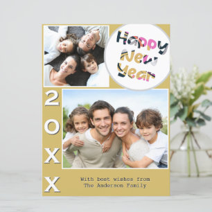 Cartão De Festividades Estiloso 2 Foto Amarelo Personalizado Feliz Ano No