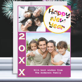 Cartão De Festividades Estiloso 2 Fotos Rosa Feliz Ano Novo