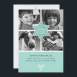 Cartão De Festividades Estrela de David decorativa Hanukkah da tipografia<br><div class="desc">Uma grande estrela de David aqua-colorida é a parte focal deste cartão liso. Os impressões da estrela no centro de quatro de uma grade de suas próprias cor ou fotografias preto e branco. As palavras "que o festival de luzes" imprime dentro da estrela com os redemoinhos internos e irradiando para...</div>