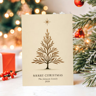 Cartão De Festividades Estrela de Natal e Árvore Bege Minimalista Boho