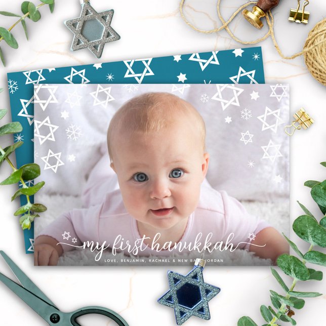 Cartão De Festividades Estrela Fotográfica de Baby First Hanukkah do Davi (Criador carregado)