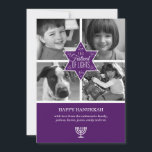 Cartão De Festividades Estrela Roxa Decorativa da Placa David Hanukkah<br><div class="desc">Uma grande estrela roxa de David é a peça focal desta placa de saudação plana. A estrela impressão no centro de quatro de uma grade de sua própria cor ou fotografias a preto e branco. As palavras "O Festival das Luzes" dentro a estrela com espirais dentro e radiando para fora...</div>