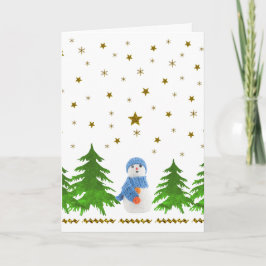 Cartão De Festividades Estrelas de ouro cinza, boneco de neve e árvore ve