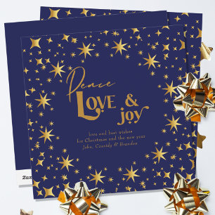 Cartão De Festividades Estrelas Douradas Paz Amor e Alegria Simples Elega