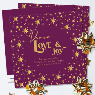 Cartão De Festividades Estrelas Douradas Paz Amor e Joy Simples Ameaça El