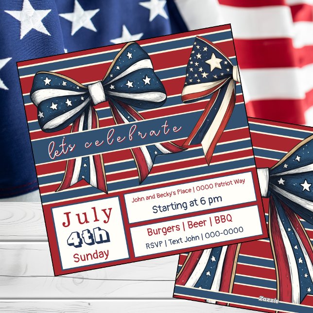 Cartão De Festividades Estrelas e Greve com Arcos Patrióticos Cutes 4 de  (Bows and stars and stripes July 4 customizable party invitation )