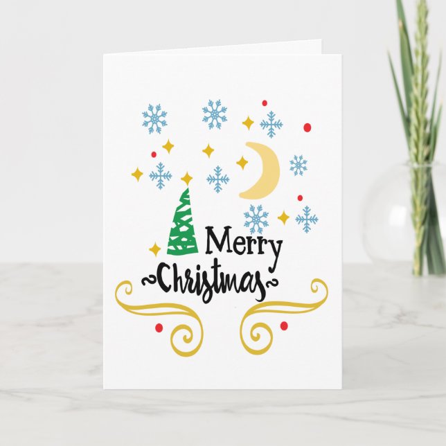 Cartão De Festividades Estrelas, lua, flocos de neve e Feliz Natal, ZSSG (Frente)
