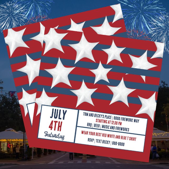 Cartão De Festividades Estrelas Strips Red White e Blue julho 4 Party (Big white stars with blue stripes and red background July 4th party invitation you customize. )