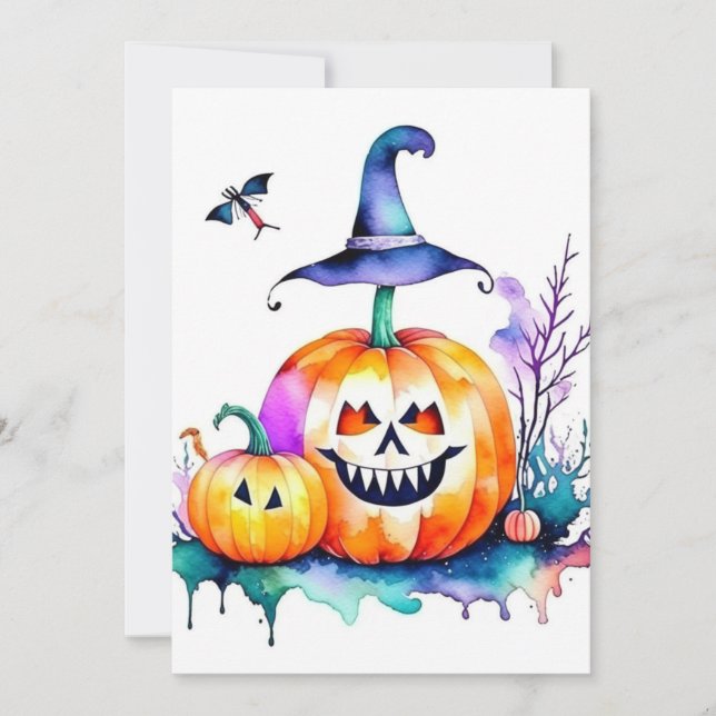Cartão De Festividades Estudo de Halloween em Aquarelas & Caneta (Frente)