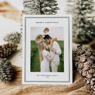Cartão De Festividades Eterno Taupe Green Double Border Photo Christmas