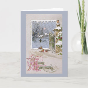 Cartão De Festividades European Robins at Gate to Village