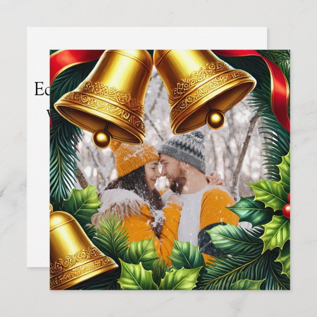 Cartão De Festividades Evergreen Foto borda com sinos para o Natal (Frente/Verso)