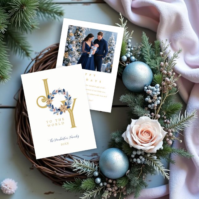 Cartão De Festividades Exquisite Blue Tones & Faux Gold Christmas Wreath (Exquisite Blue Tones and Faux Gold Christmas Wreath Holiday Cards with Back Photo.)