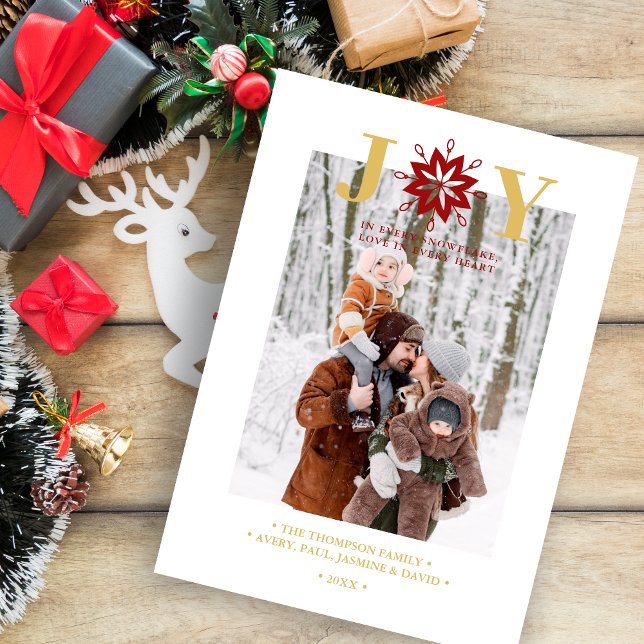 Cartão De Festividades Exquisite Christmas Actual Snowflake Photo Holiday (Exquisite Christmas Actual Snowflake Photo with JOY quote in Fake Gold & Dark Red Holiday Card.)