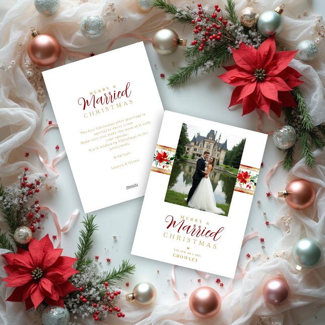 Cartão De Festividades Exquisite Christmas Botanical Border Photo Wedding (Exquisite Christmas Botanical Classy Border Photo Wedding Holiday Cards. )